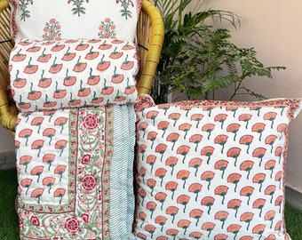Handmade Jaipuri Floral Block Print Quilt, Reversible Cotton Razai Handmade Comforter