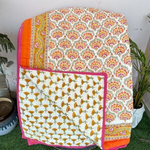 Hand Block Print Cotton Quilt: Reversible Indian Kantha Quilt Bedspread
