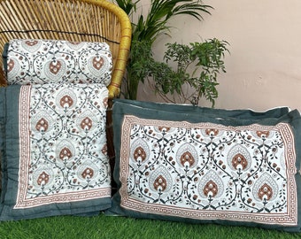 Jaipuri Block Print Cotton Quilt: Reversible Floral Printed Bedspread Queen Comforter
