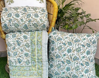 Handmade Block Print Cotton Quilt: Reversible Floral Queen Bedspread