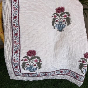 Hand Block Print Kantha Quilt: Reversible Cotton Bedspread