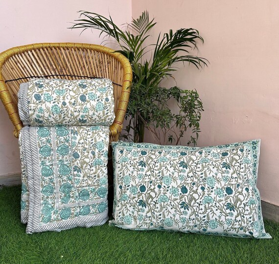 Anokhi Jaipuri Block Print Quilt, Reversible Kantha Quilt, Pure Cotton Handmade Queen Jaipur Quilt, Indian Cotton Razai, Block Print Bedding