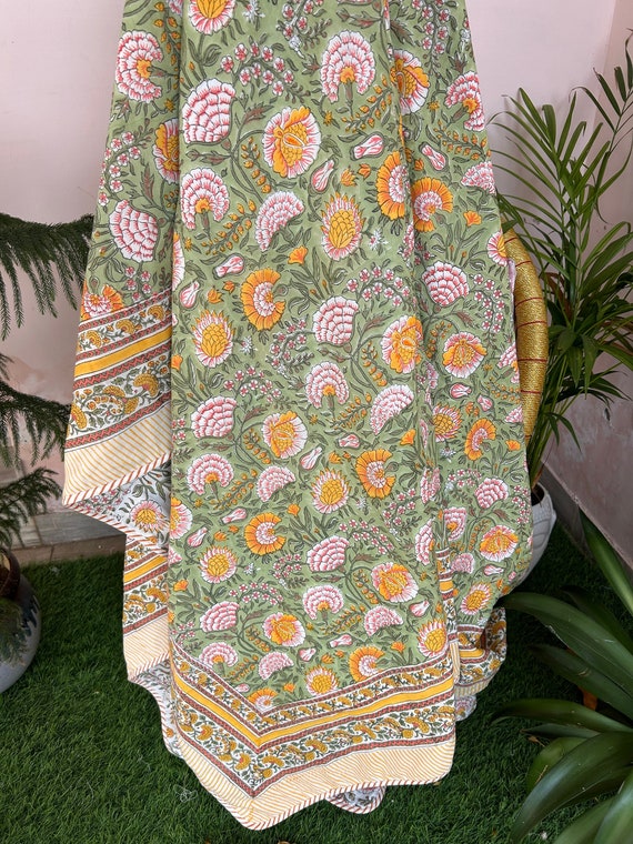 Hand Block Print Cotton Dohar: Green & Yellow Floral Quilt