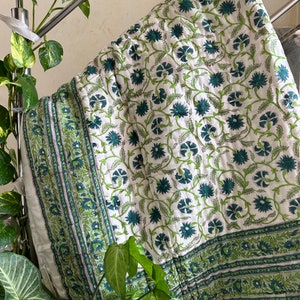 Anokhi Jaipuri Hand Block Printed Reversible Quilt, Organic Mulmul Cotton Blankets Throws, Cotton Bedding, Handmade Queen Green Bedspread
