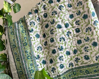 Anokhi Jaipuri Hand Block Printed Reversible Quilt, Organic Mulmul Cotton Blankets Throws, Cotton Bedding, Handmade Queen Green Bedspread