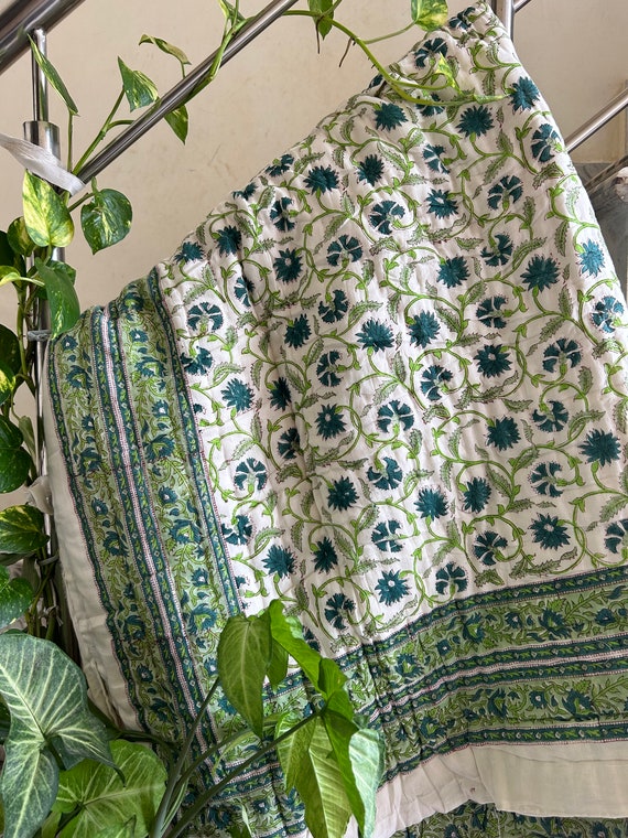 Anokhi Jaipuri Hand Block Printed Reversible Quilt, Organic Mulmul Cotton Blankets Throws, Cotton Bedding, Handmade Queen Green Bedspread