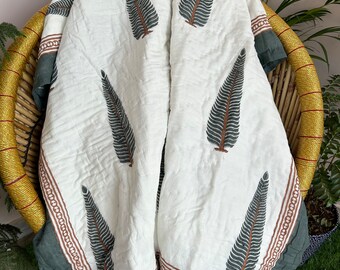 Anokhi Indian Pure Organic Mulmul Cotton Baby Quilt Blanket, Hand Block Printed Reversible Quilt Handmade Quilt, Traditional Jaipur Quilt