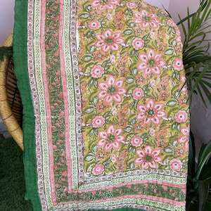 Cotton Kantha Quilt, Indian Block Printed Quilt, Handmade Blankets Throw, Hand Stitched Quilt, Jaipur Quilt, Reversible Queen Indian Quilt