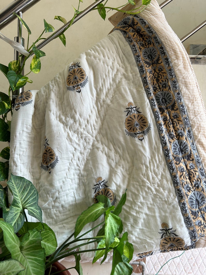 Indian Hand Block Printed Reversible Kantha Quilt, Natural Cotton