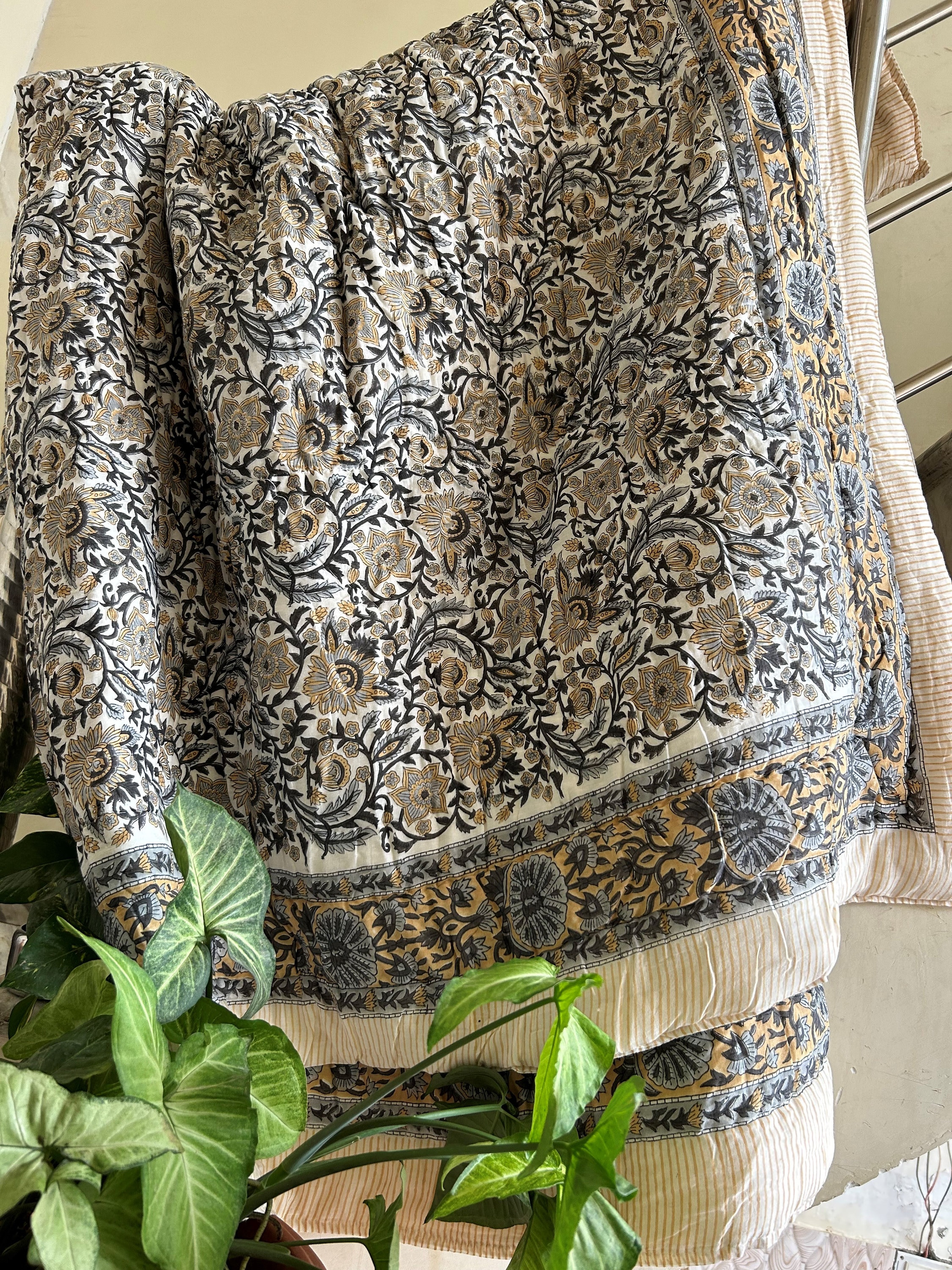 Indian Hand Block Printed Reversible Kantha Quilt, Natural Cotton Blankets Throws, Pure Organic Handmade Bedspread Queen Bedcover Comforter