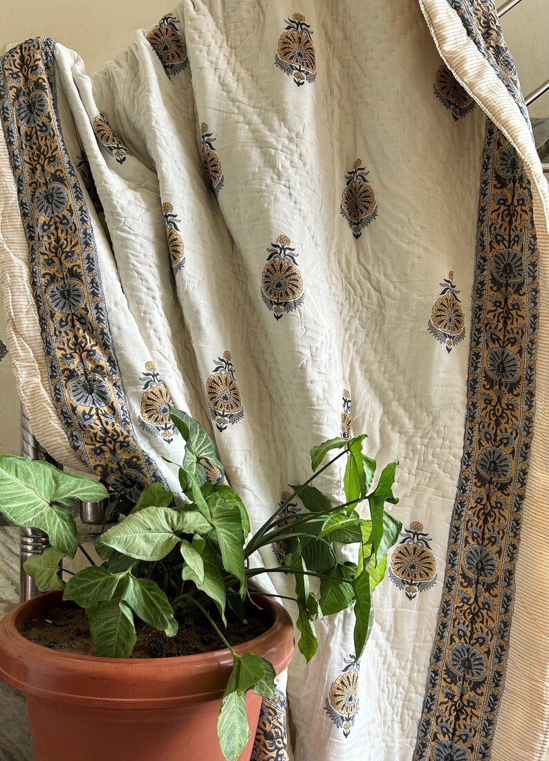 Indian Hand Block Printed Reversible Kantha Quilt, Natural Cotton