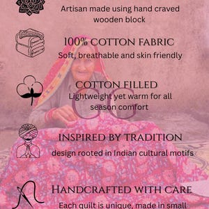 Doharkatoen met handblokprint: groene en gele bloemenquilt afbeelding 5