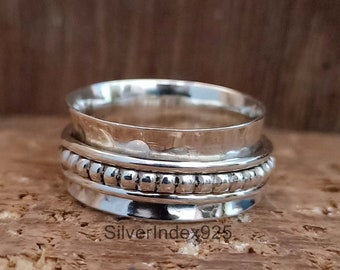 Three Tone Hammered Spinner Ring, 925 Sterling Silver, Anxiety Fidget Ring, Meditation Silver Band, Women Ring,Statement Ring, Handmade Ring