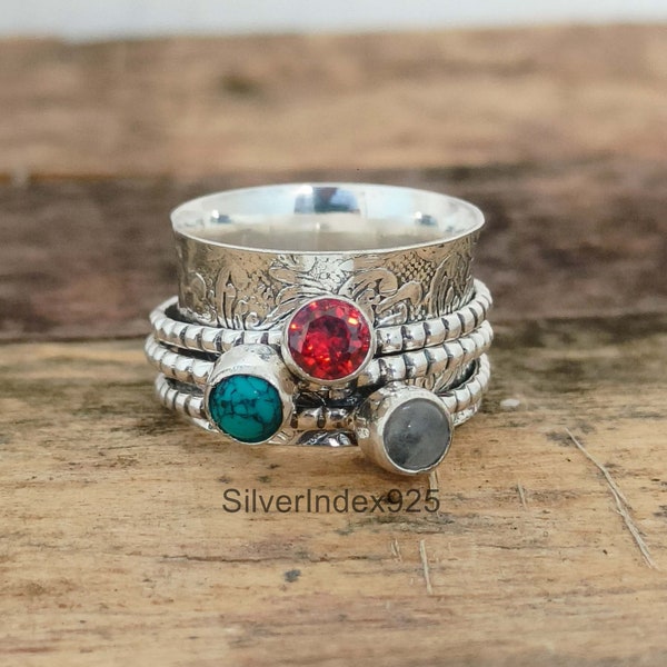 Garnet Ring, Spinner Ring, Turquoise Ring, 925 Sterling Silver Ring, Handmade Ring, Statement Ring, Spinner Silver Jewelry, Boho Ring