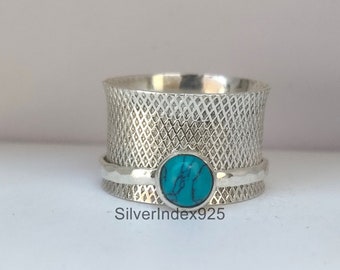 Turquoise Ring, Solid 925 Sterling Silver, Wide Band Ring, Women's Handmade Ring Jewelry, Customized Ring, Gift Item Ring, Thumb Solid Ring