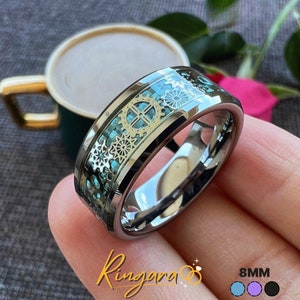 Vintage Style Gear Ring Steampunk Ring 8mm Mechanical 3D Look Ring Wedding band Steampunk Gift For Him - Ringara