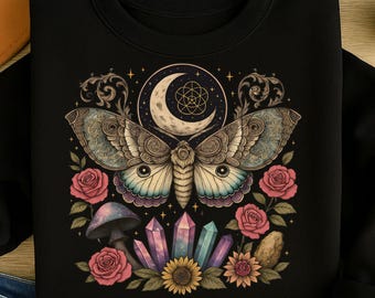 Celestial lunar moth PNG, vintage moth crystals, cottagecore shirt, boho mushroom, witchy aesthetic mystical moon digital Halloween  A101