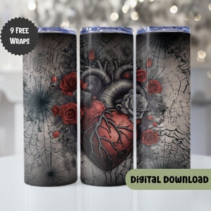 Vintage Gothic Heart With Roses 20 oz Tumbler Wrap, Anti Valentine Tumbler Sublimation Designs, Gift for Cardiology, Dark Fantasy - F107