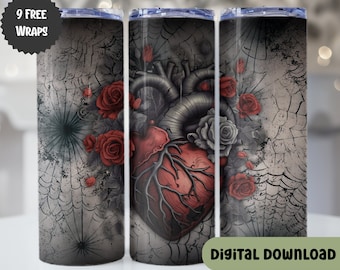 Corazón gótico vintage con rosas envoltura de vaso de 20 oz, diseños de sublimación de vaso anti San Valentín, regalo para cardiología, fantasía oscura - F107