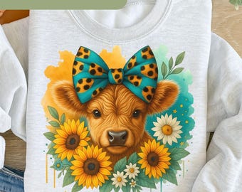 Highland Cow Coquette PNG, Funny Highland Cow PNG, Sunflowers PNG, Floral Highland Cow, Heifer Png, Coquette Bow, Sublimation Design  A104