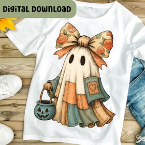 May include: White t-shirt featuring a whimsical ghost design. The ghost wears a patchwork outfit with a bow adorned with roses. It carries a teal pumpkin bucket. The words "DIGITAL DOWNLOAD" are at the top.