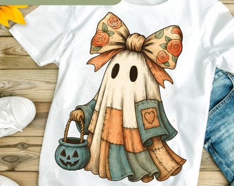 Retro Cute Halloween Blue Denim Ghost Png, Trendy Patchwork Spooky Ghost, Cute Boo Ghost Coquette Png, Fall Pumpkin Png, Spooky Season H159