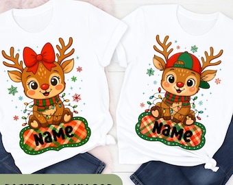 Custom Reindeer Christmas Shirt PNG, Kids Name Reindeer Png, Cute Xmas Deer Boy Girl Shirt Design, Bow Ball Cap Kids Christmas Design  H192