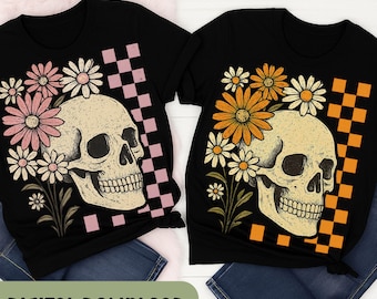 Retro Floral Skeleton Png, Funny Checkered Skeleton Halloween, Pink Preppy Halloween, Trendy Halloween Skull Design, Spooky Season   H114