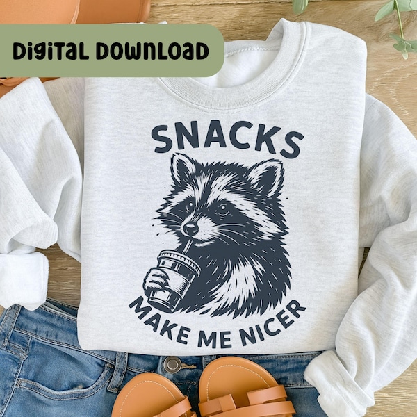 Funny raton laveur Design Png, dicton sarcastique animal, humour pour adulte, des collations me rendent agréable PNG, design tendance par sublimation de raton laveur, populaire S101