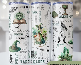 Witchy Vibes 20 oz Skinny Tumbler Sublimation Design Digitaler Download PNG, Galaxy Celestial Witch Tumbler Wrap, mystisch, Kristalle, W145