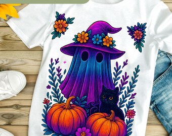 Trendy Halloween Ghost Neon Png, Spooky Ghost and Cat, Neon Pumpkin Halloween Png, Colorful Floral Spooky Season, Retro Witchy Ghost H144