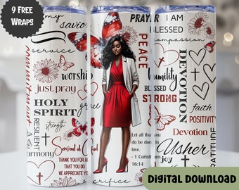 May include: A white tumbler with a red and white butterfly design. The tumbler features a black woman in a red dress and white coat. The tumbler is decorated with inspirational words and phrases, including "prayer", "peace", "humility", "devotion", "faith", "positivity", "joy", and "gratitude".