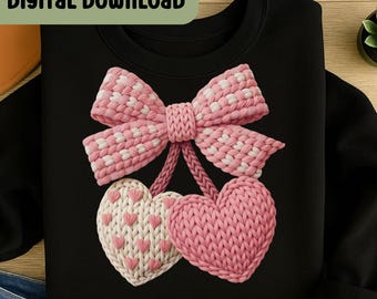 Pink Faux Yarn Crochet Valentines Day Cherry PNG Sublimation, Coquette Bow Chunky Knit Hearts PNG, Trendy Red Hearts Love Shirt Design  H228