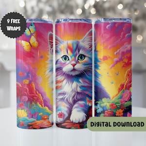Cute Rainbow Kitten 20oz Tumbler, Cats Design 20oz Skinny Sublimation Tumbler Wrap, Digital Download, Tumbler Template, 300 DPI, PNG  A116