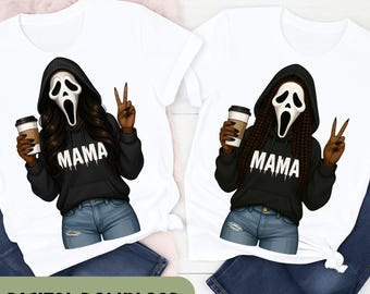 Horror Halloween PNG, Mama PNG- Coffee, Spooky Mama PNG- Killer Mom, Halloween, Digital Download, African American, Hoodie, Braids  H163