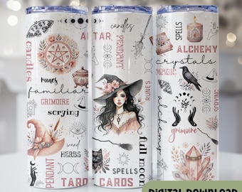 Witchy Vibes 20 oz Skinny Tumbler Sublimation Design Digitaler Download PNG, Galaxy Celestial Witch Tumbler Wrap, mystisch, Kristalle, W144