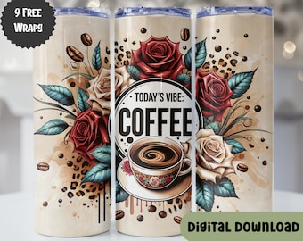 Coffee Tumbler Wrap Sublimation, 20oz Skinny Tumbler Wrap, Coffee Sublimation Wrap Tumbler PNG, Roses, Watercolor Tumbler Download  -S131