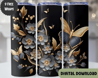 Butterfly Flowers Tumbler Sublimation Design, Black & Gold 20 oz Skinny Tumbler Wrap (Digital Download)