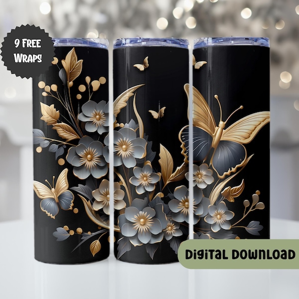 3D Black & Gold Butterfly flowers 20 oz Skinny Tumbler Sublimation Design, Instant Digital Download PNG, Straight Tumbler Wrap, Metal N116