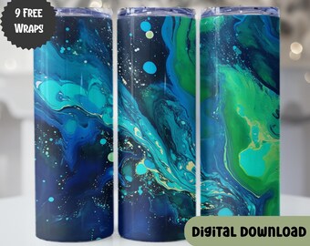 Acrílico azul y verde para diseños de vasos de sublimación de 20 oz, colorido 9,2 x 8,3" Envoltura de vaso flaco recto PNG, pintura, tinta con alcohol P107