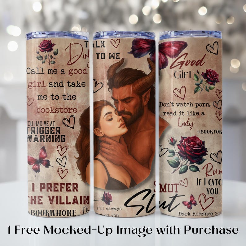 May include: Three stainless steel tumblers with romantic illustrations and text. The designs include a couple, roses, butterflies, and phrases like "Good Girl" and "I Prefer the Villain".