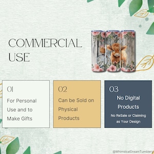 May include: Three 20 oz. tumblers with a rustic design featuring a Highland cow, flowers, and a bicycle. The tumblers have a wooden background and are adorned with pink roses. The image also includes text about commercial use.