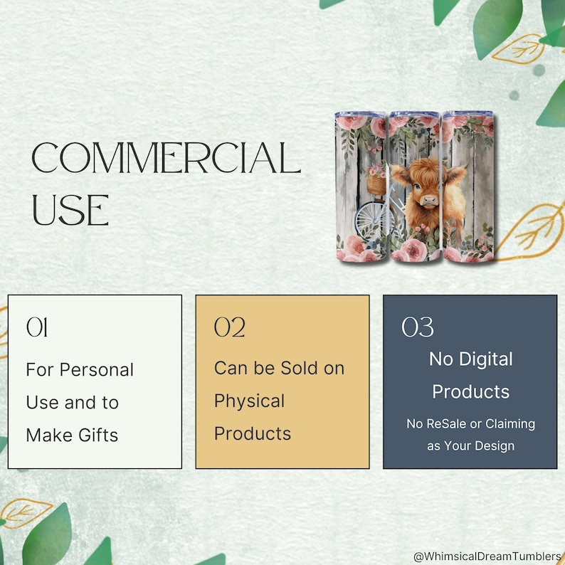 May include: Three 20 oz. tumblers with a rustic design featuring a Highland cow, flowers, and a bicycle. The tumblers have a wooden background and are adorned with pink roses. The image also includes text about commercial use.