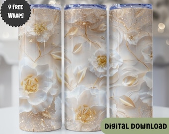 Flores botánicas de color blanco perla y oro 3D, envoltura de vaso flaco de 20 oz, cónico recto, PNG - E101