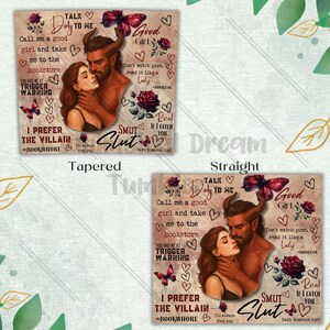 May include: A digitally created image featuring a romantic couple with a fantasy theme. The image includes text such as "Talk Dirty to Me", "Good Girl", and "Smut". The color palette includes shades of brown, red, and pink.