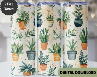Seamless Plant Lover 20ozs Skinny Tumbler Wrap Designs, Gardener, Cute Plants, Potted Plants, Fauna, Plantful, Straight Tapered PNG - N129