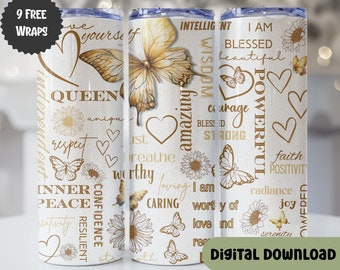 Inspirational Tumbler Wrap, Affirmations Tumbler PNG,  Tumbler Wrap, 20oz Straight & Tapered, Gold Dress - W120