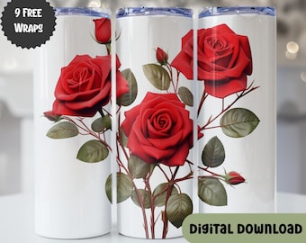 Valentines Mothers Day Red Roses Flowers, 20oz Tumbler, Skinny Tumbler Sublimation Wrap Design, Digital PNG, Straight Tapered Wrap - N119