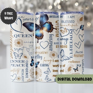 Tumbler wrap inspirerende vrouw, beker met affirmaties png, motiverende beker wrap, 20oz magere beker, naadloos, blauw, naadloos W116