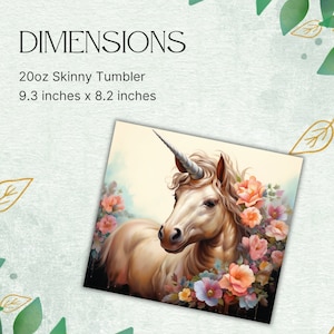 May include: A 20oz skinny tumbler featuring a watercolor illustration of a unicorn with a silver horn and a mane adorned with pink and peach flowers. The tumbler is 9.3 inches x 8.2 inches.